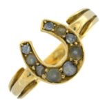 A late Victorian 18ct gold split pearl and diamond horseshoe ring.