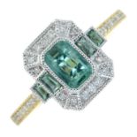 An 18ct gold emerald and pavé-set diamond geometric dress ring.