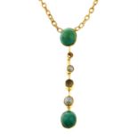 A split pearl and turquoise line pendant, on an integral trace-link chain.