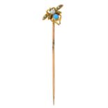 An early 20th century gold turquoise, seed and split pearl insect stickpin. AF.