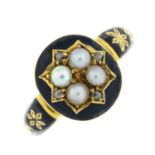 A late Victorian 18ct gold rose-cut diamond, split pearl and enamel mourning ring.