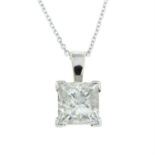 An 18ct gold square-shape diamond single-stone pendant, with chain.