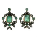 A pair of late 19th century silver and gold, emerald and diamond earrings.