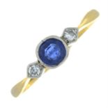 An early 20th century 18ct gold sapphire and diamond three-stone ring.