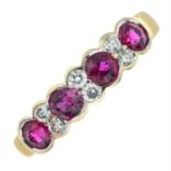 An 18ct gold ruby four-stone and diamond ring.