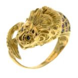 An 18ct gold sapphire and ruby lion ring.