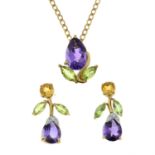A set of 9ct gold amethyst, peridot, citrine and paste jewellery, comprising a pair of earrings and