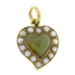 A serpentine and split pearl witch's heart pendant.