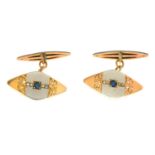 A pair of sapphire and rose-cut diamond accent bi-colour cufflinks.