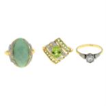 Two 9ct gold gem-set rings, together with a jade and single-cut diamond ring.