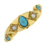 An Edwardian 18ct gold turquoise and split pearl five-stone ring.