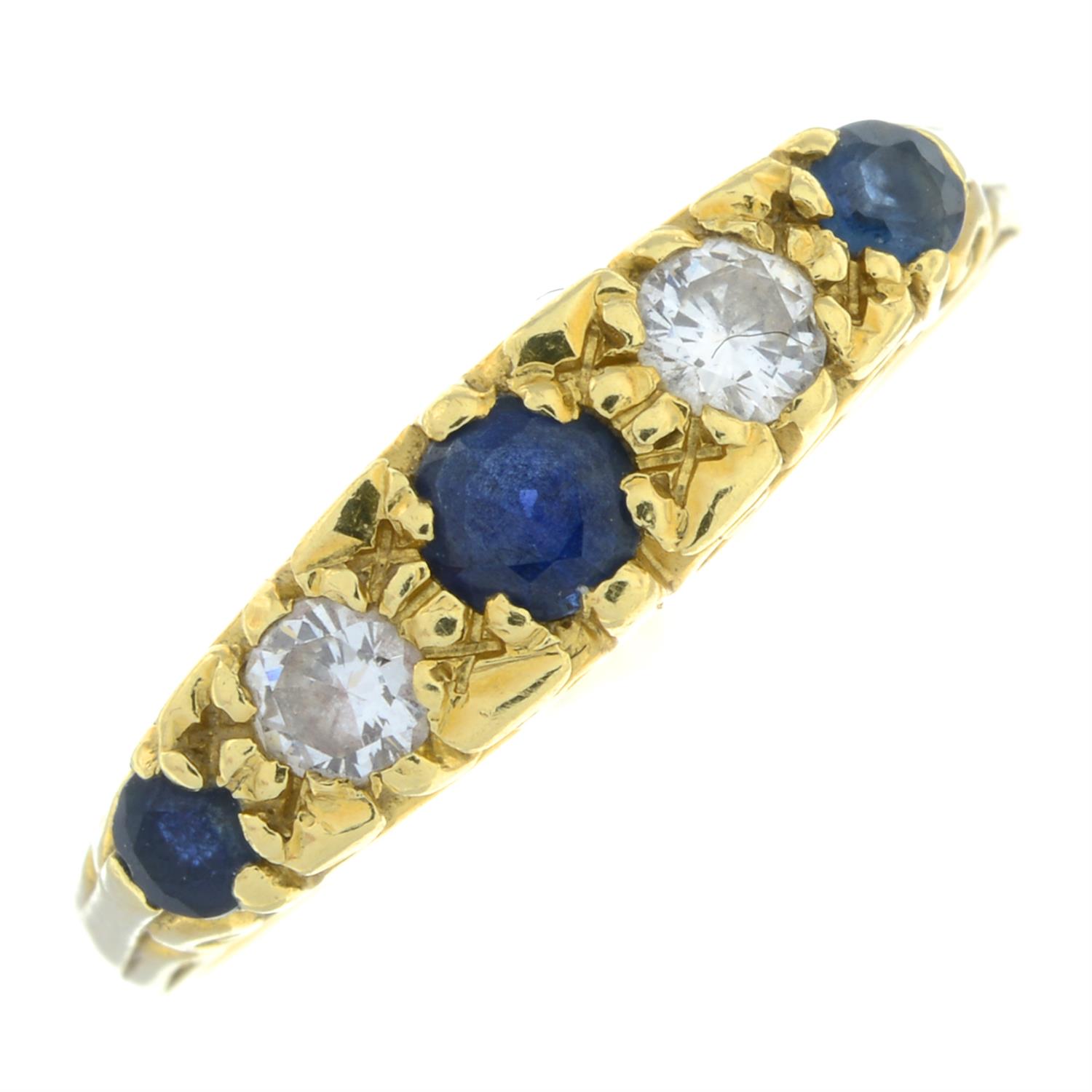 An 18ct gold sapphire and brilliant-cut diamond five-stone ring.