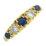 An 18ct gold sapphire and brilliant-cut diamond five-stone ring.