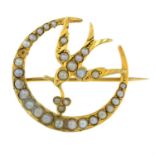An early 20th century 15ct gold split pearl swallow and crescent brooch. AF.