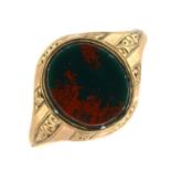 A bloodstone signet ring, with 9ct gold half band replacement.