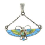 An Edwardian silver, blue and green enamel insect pendant, by Charles Horner.