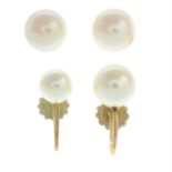 A pair of cultured pearl earrings and two cultured pearl single earrings.