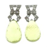A pair of single-cut diamond and faceted quartz drop earrings.