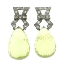 A pair of single-cut diamond and faceted quartz drop earrings.