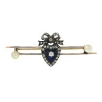 An early 20th century silver and gold vari-cut diamond, cultured pearl and blue enamel bar brooch,