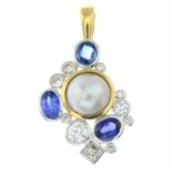 A mabé pearl, sapphire and vari-cut diamond abstract pendant.