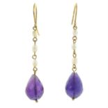 A pair of amethyst briolet and seed pearl drop earrings.