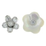 A pair of mother of pearl and diamond asymmetric stud earrings.