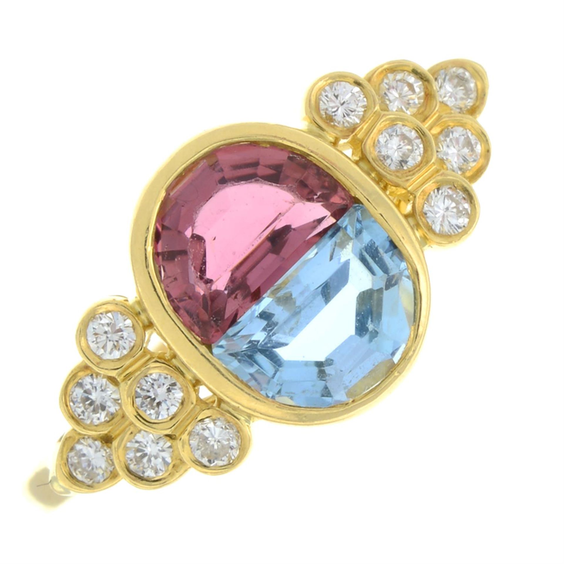 An 18ct gold pink tourmaline, aquamarine and brilliant-cut diamond ring.