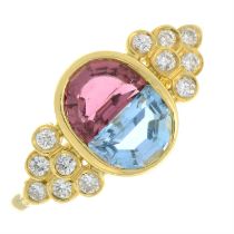 An 18ct gold pink tourmaline, aquamarine and brilliant-cut diamond ring.