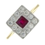 A brilliant-cut diamond and ruby square-shape cluster ring.