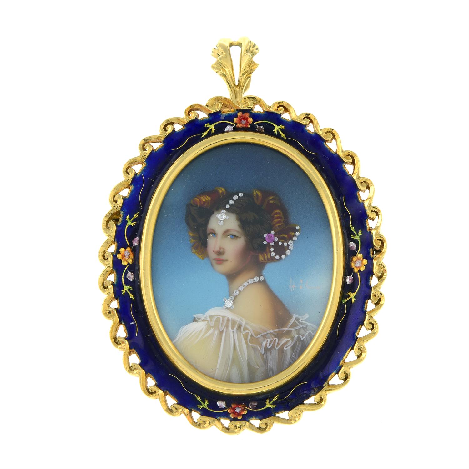 An 18ct gold gem-set enamel portrait brooch/pendant, depicting a woman looking over her shoulder.