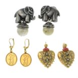 Three pairs of earrings, to include a pair of paste intaglio drop earrings, depicting Cupid,