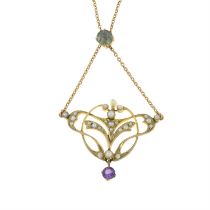 An Art Nouveau gold amethyst, peridot and split pearl pendant, on integral chain.
