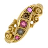 A late Victorian 15ct gold ruby and split pearl ring.