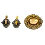 A late 19th century gold brooch and earrings set, with fitted case.