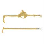 Two Edwardian to mid 20th century 9ct gold equestrian bar brooches, with riding crop and horse