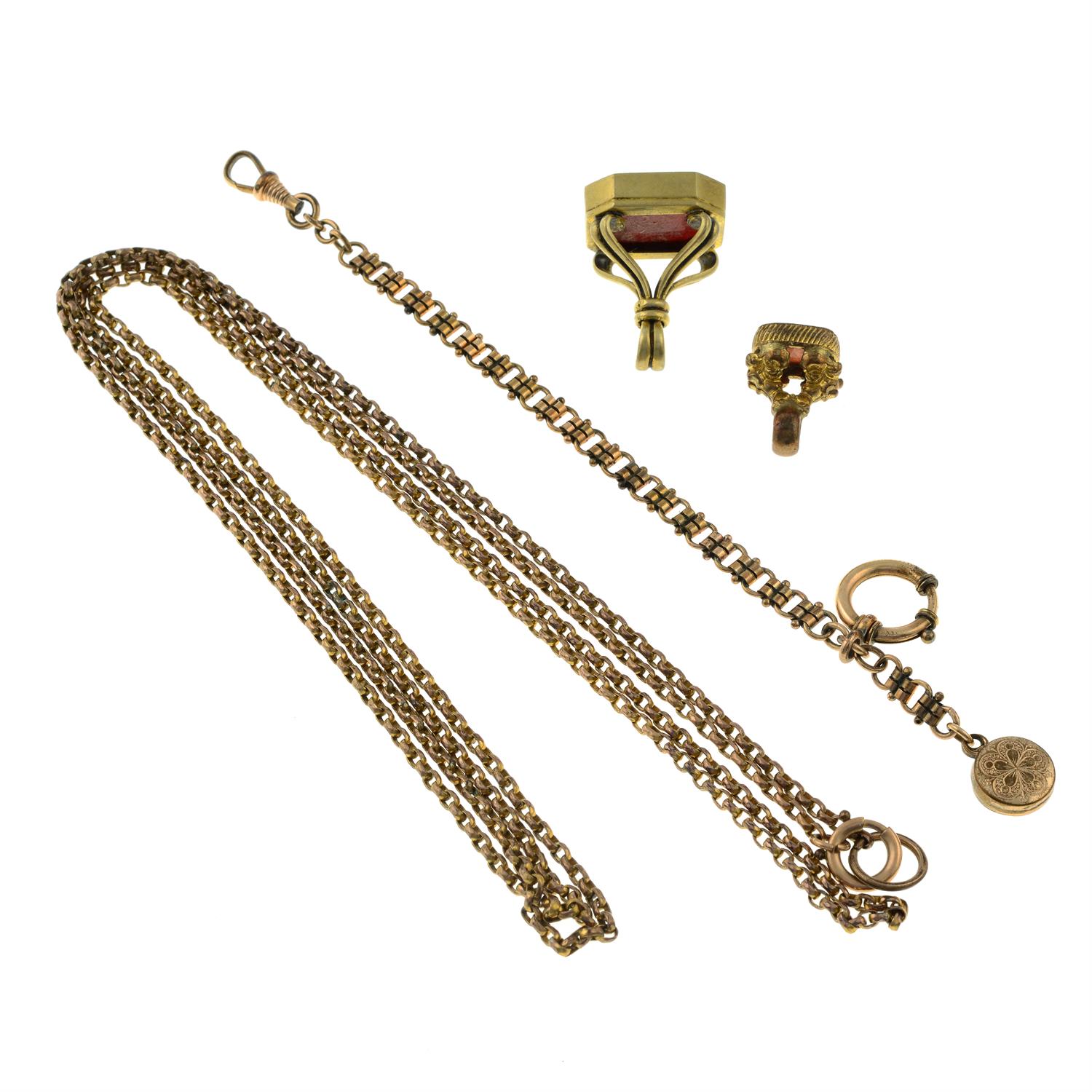 Four items of late Victorian jewellery, to include two carved seal fobs, a longuard chain and a - Image 3 of 3