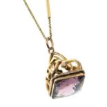 A purple paste fob pendant, with 9ct gold chain