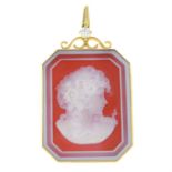 A mid 20th century brilliant-cut diamond and carnelian cameo pendant.