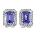 A pair of 18ct gold tanzanite and brilliant-cut diamond rectangular-shape cluster earrings.