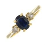 An 18ct gold sapphire and single-cut diamond three-stone ring.