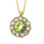 A peridot and brilliant-cut diamond cluster pendant, on chain.