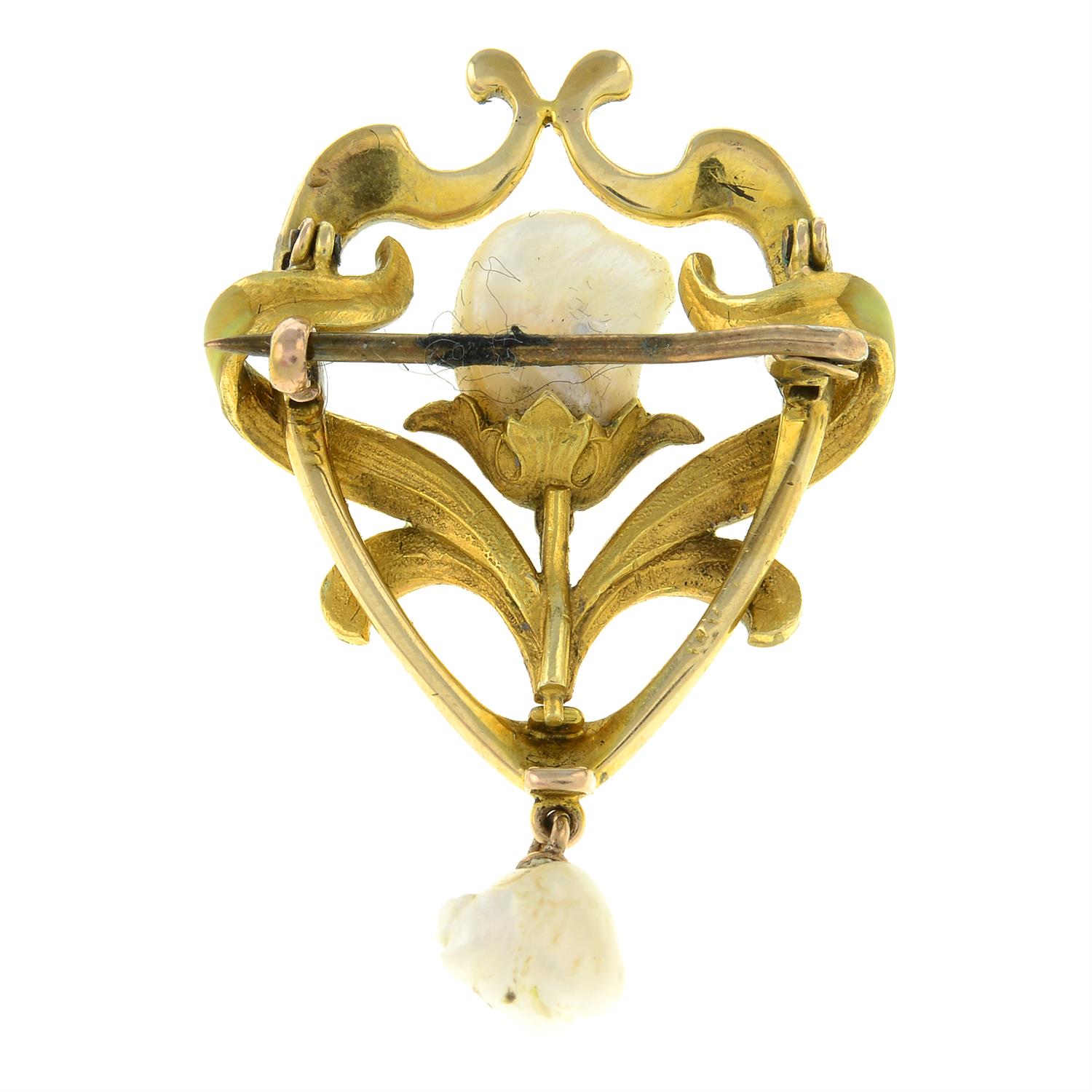 An Art Nouveau gold mabé pearl and enamel brooch, with mabé pearl drop. - Image 2 of 2