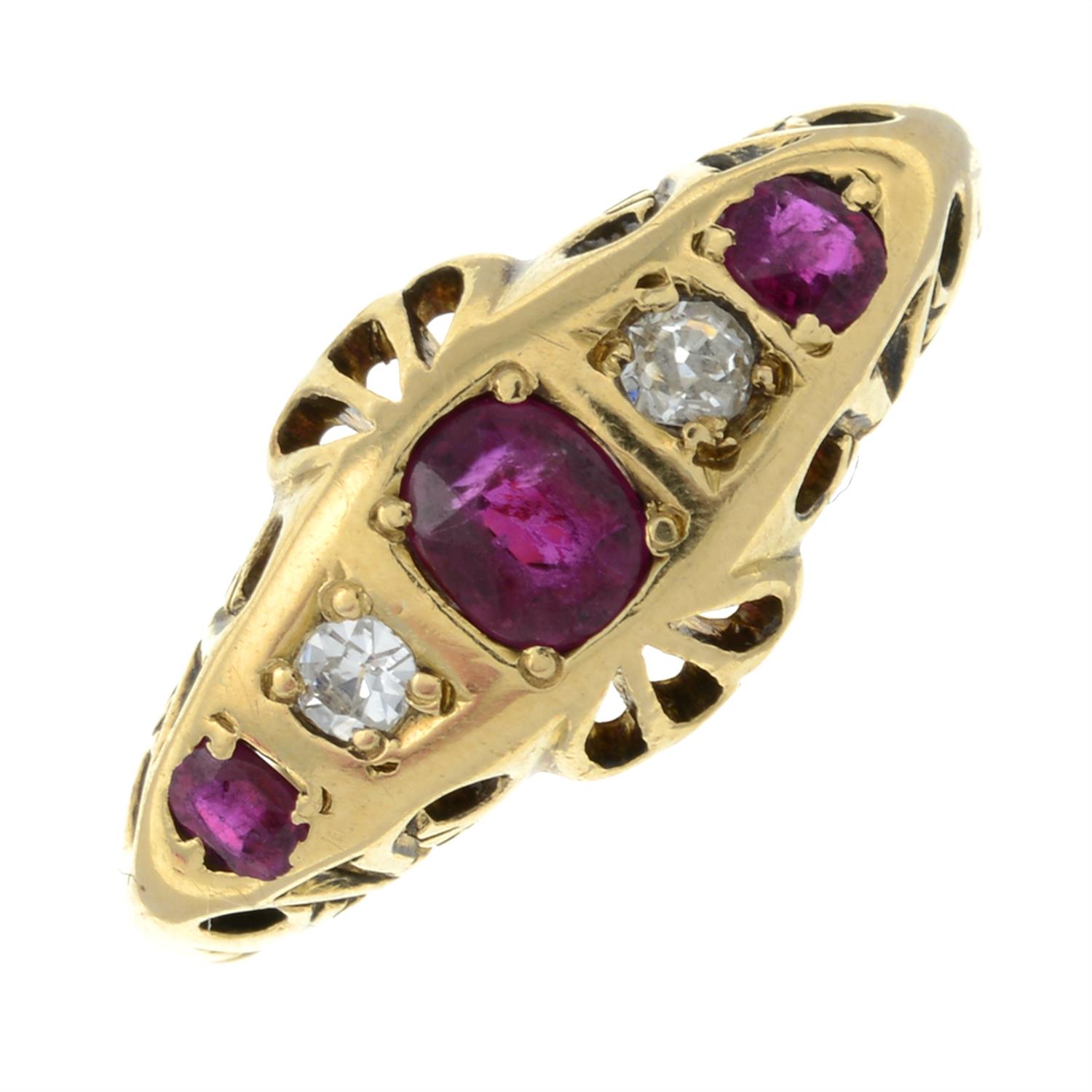 An Edwardian 18ct gold ruby and old-cut diamond five-stone ring.