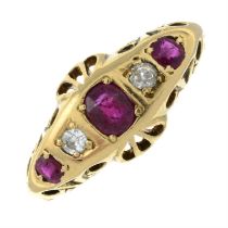 An Edwardian 18ct gold ruby and old-cut diamond five-stone ring.