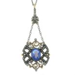 A blue paste and marcasite bi-colour pendant with chain.