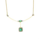 An emerald and diamond articulated pendant, on integral chain.