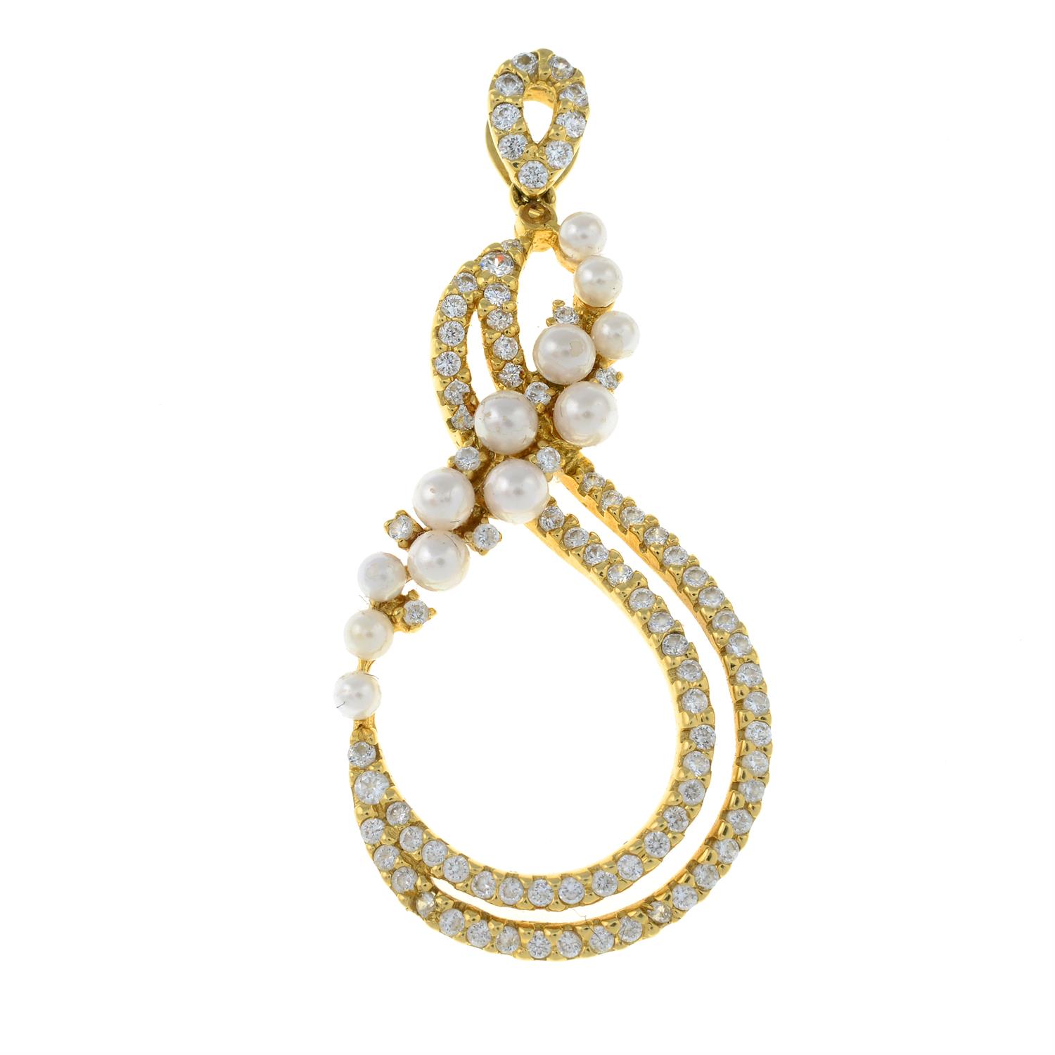 A cubic zirconia and imitation pearl openwork pendant.