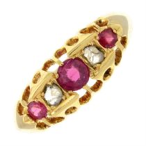 An early 20th century18ct gold ruby and rose-cut diamond five-stone ring.