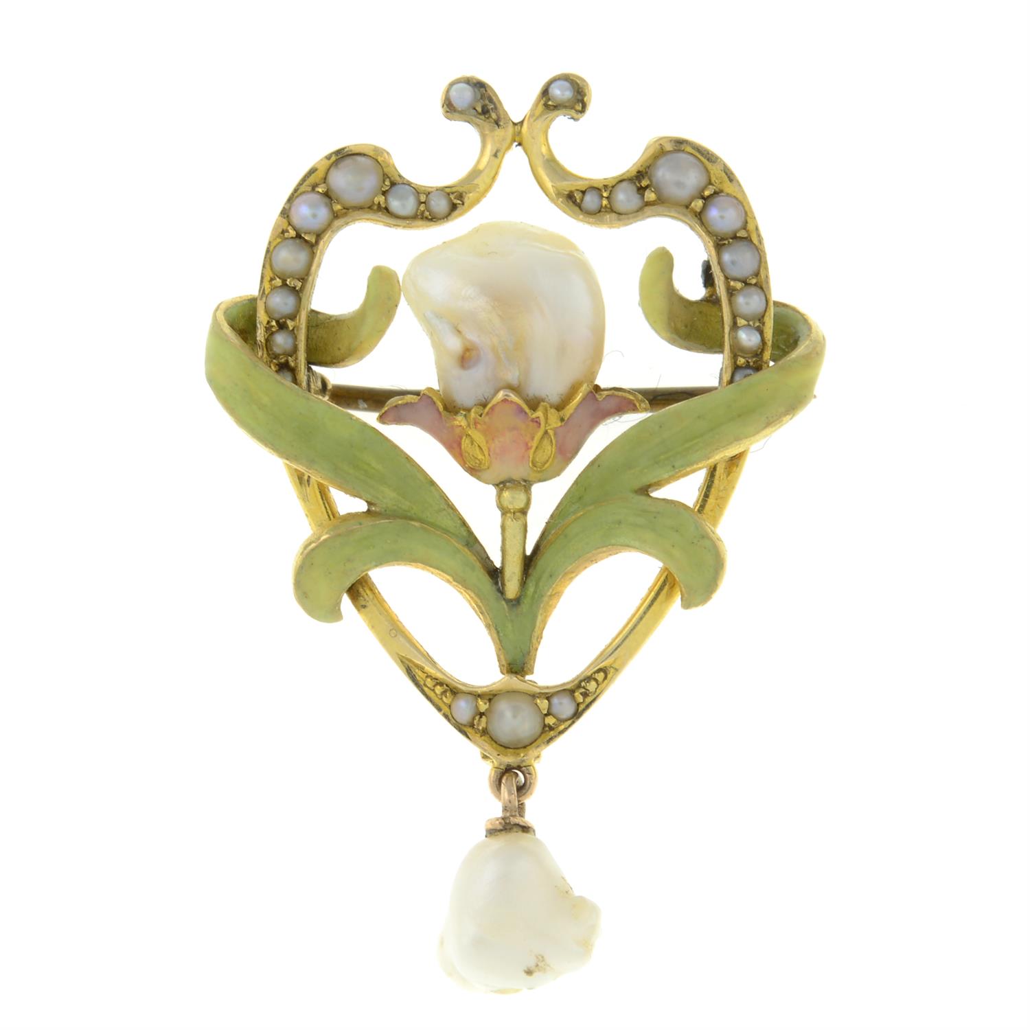 An Art Nouveau gold mabé pearl and enamel brooch, with mabé pearl drop.